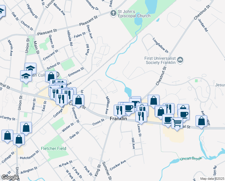 map of restaurants, bars, coffee shops, grocery stores, and more near 67 Milliken Avenue in Franklin