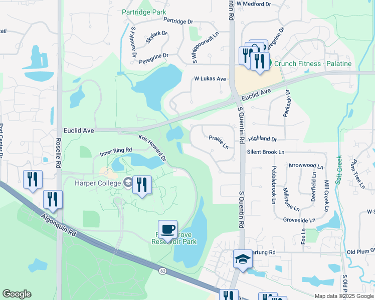 map of restaurants, bars, coffee shops, grocery stores, and more near 2501 Arlingdale Drive in Palatine