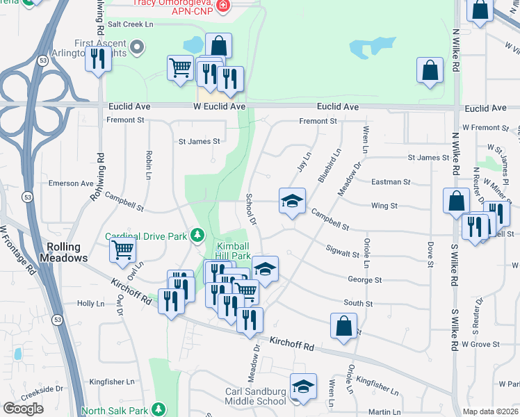 map of restaurants, bars, coffee shops, grocery stores, and more near 2905 Campbell Street in Rolling Meadows