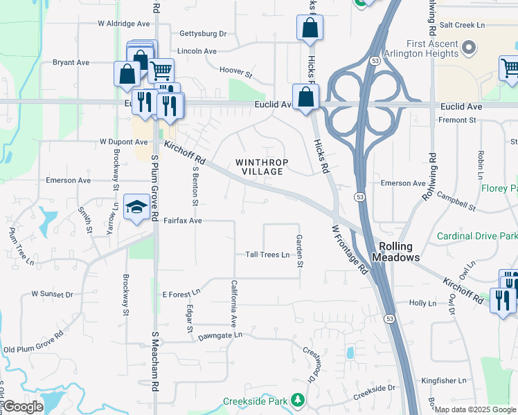 map of restaurants, bars, coffee shops, grocery stores, and more near 2430 Chapman Court in Rolling Meadows