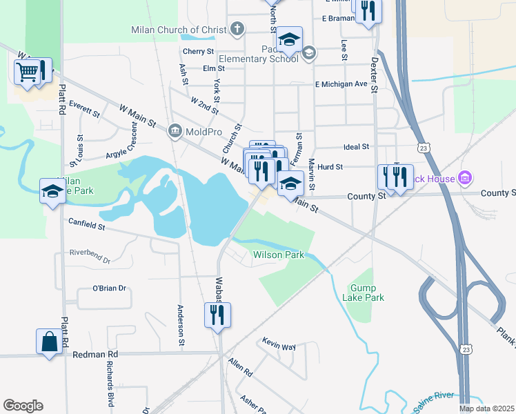 map of restaurants, bars, coffee shops, grocery stores, and more near 45 Wabash Street in Milan