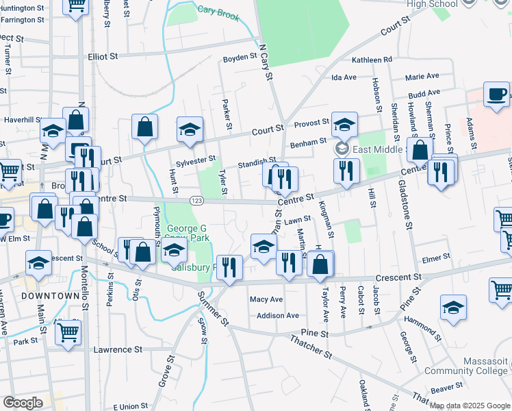 map of restaurants, bars, coffee shops, grocery stores, and more near 341 Centre Street in Brockton