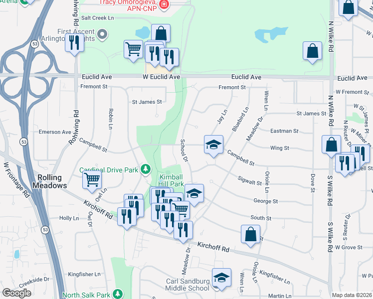 map of restaurants, bars, coffee shops, grocery stores, and more near 2905 Campbell Street in Rolling Meadows