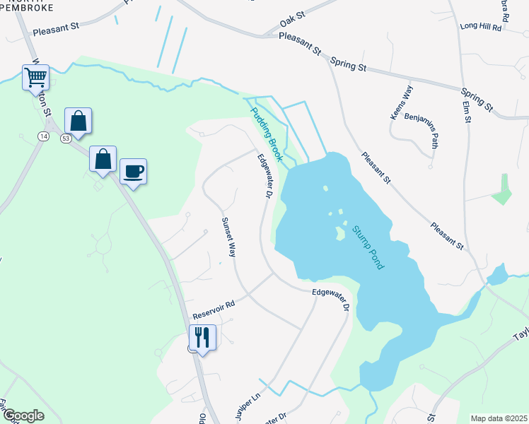 map of restaurants, bars, coffee shops, grocery stores, and more near 231 Edgewater Drive in Pembroke