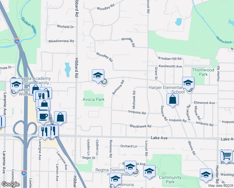 map of restaurants, bars, coffee shops, grocery stores, and more near 1130 Romona Road in Wilmette