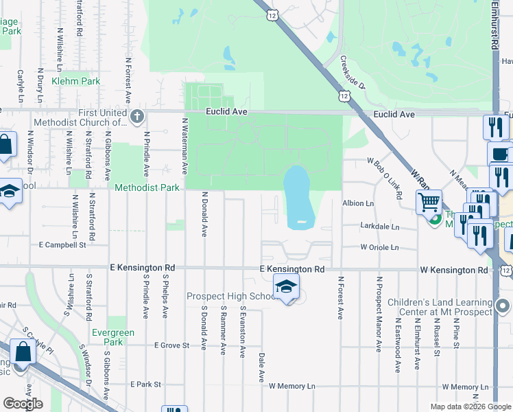 map of restaurants, bars, coffee shops, grocery stores, and more near 119 North Evanston Avenue in Arlington Heights