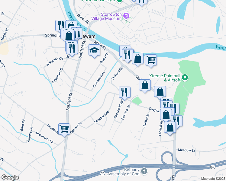 map of restaurants, bars, coffee shops, grocery stores, and more near 110 Federal Street Extension in Agawam
