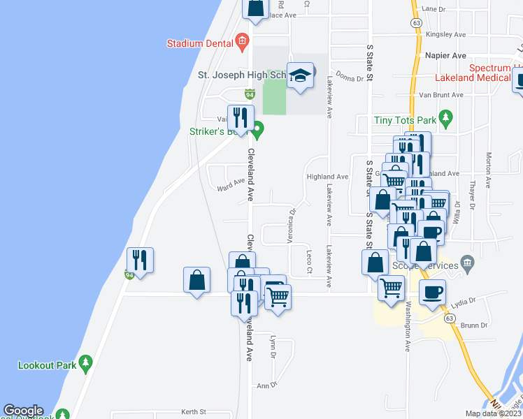 map of restaurants, bars, coffee shops, grocery stores, and more near 304 Winwood Avenue in St. Joseph