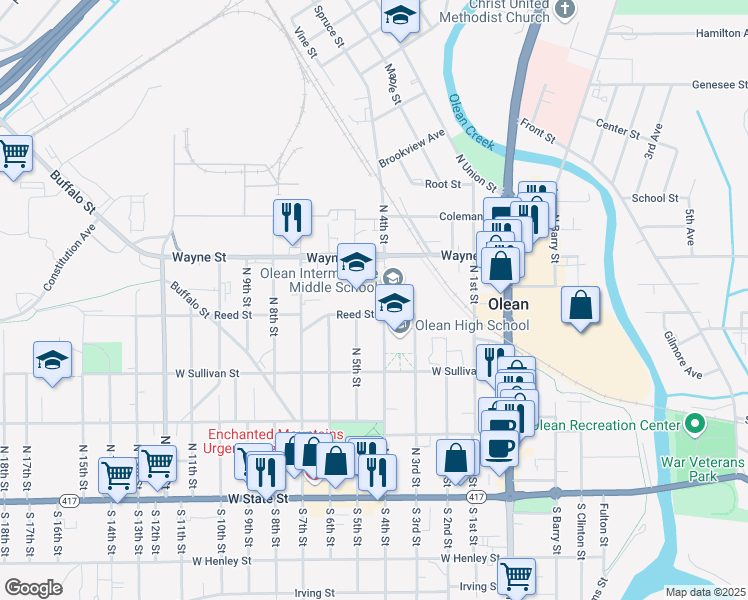 map of restaurants, bars, coffee shops, grocery stores, and more near 401 Wayne Street in Olean