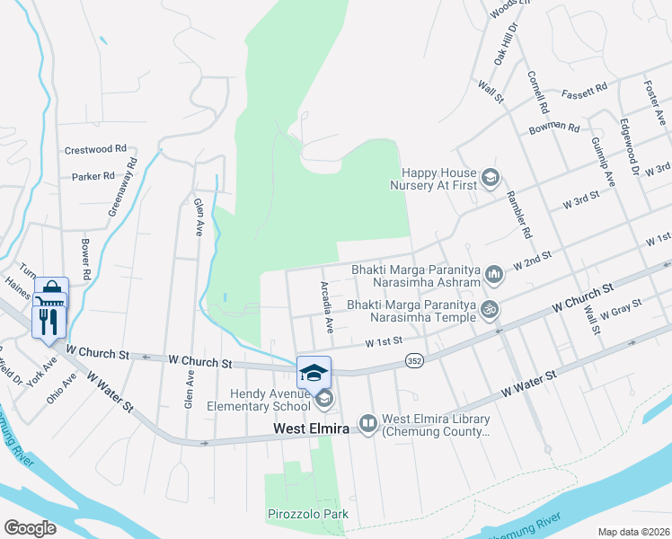 map of restaurants, bars, coffee shops, grocery stores, and more near 1249 West Clinton Street in Elmira