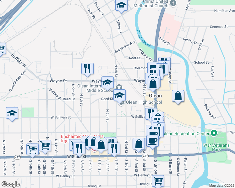 map of restaurants, bars, coffee shops, grocery stores, and more near 410 West Sullivan Street in Olean