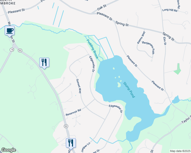 map of restaurants, bars, coffee shops, grocery stores, and more near 231 Edgewater Drive in Pembroke