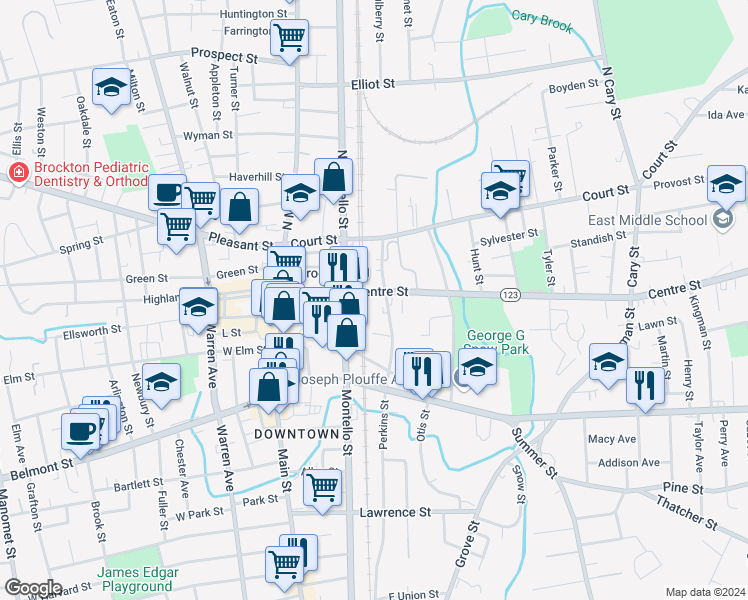 map of restaurants, bars, coffee shops, grocery stores, and more near 127 Centre Street in Brockton