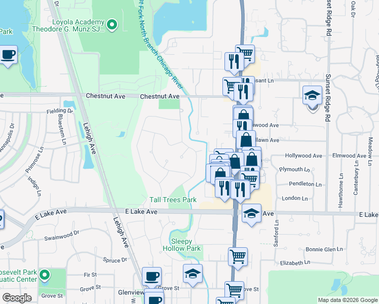 map of restaurants, bars, coffee shops, grocery stores, and more near 1524 Sequoia Trail in Glenview
