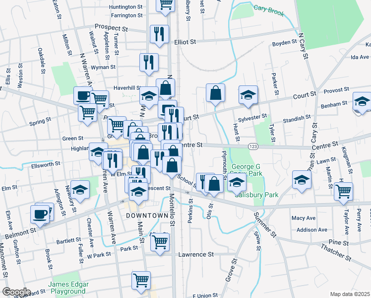 map of restaurants, bars, coffee shops, grocery stores, and more near 127 Centre Street in Brockton