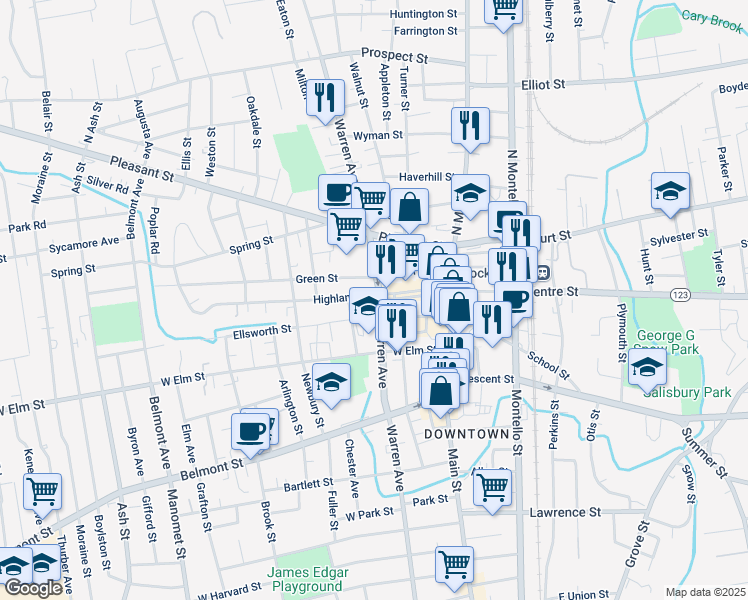 map of restaurants, bars, coffee shops, grocery stores, and more near 9 Highland Street in Brockton