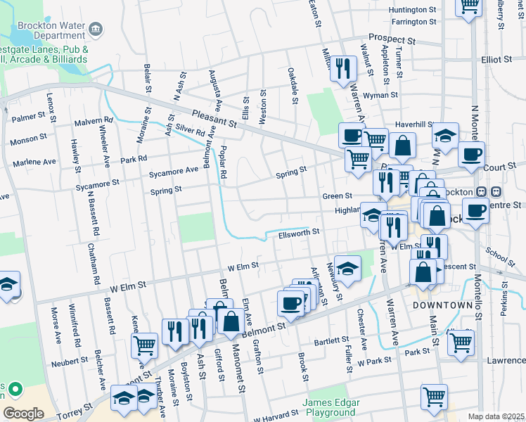 map of restaurants, bars, coffee shops, grocery stores, and more near 187 Highland Street in Brockton