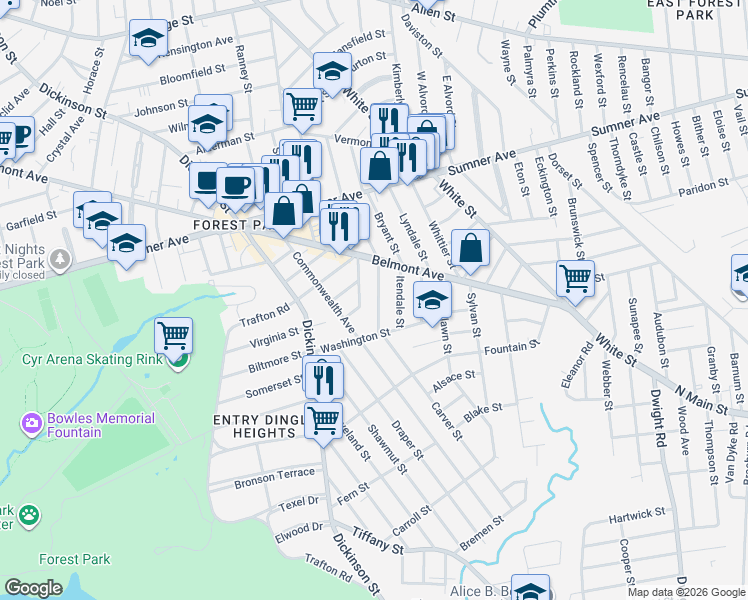 map of restaurants, bars, coffee shops, grocery stores, and more near 34 Meredith Street in Springfield