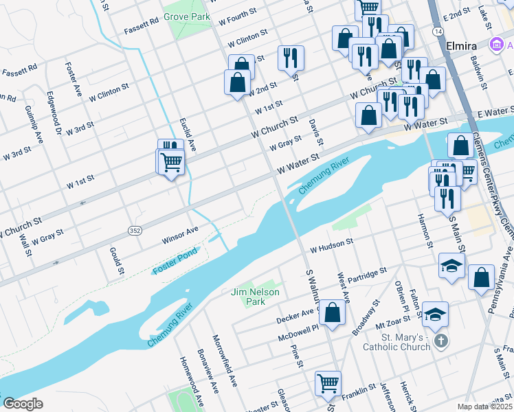 map of restaurants, bars, coffee shops, grocery stores, and more near 50 Grove Street in Elmira