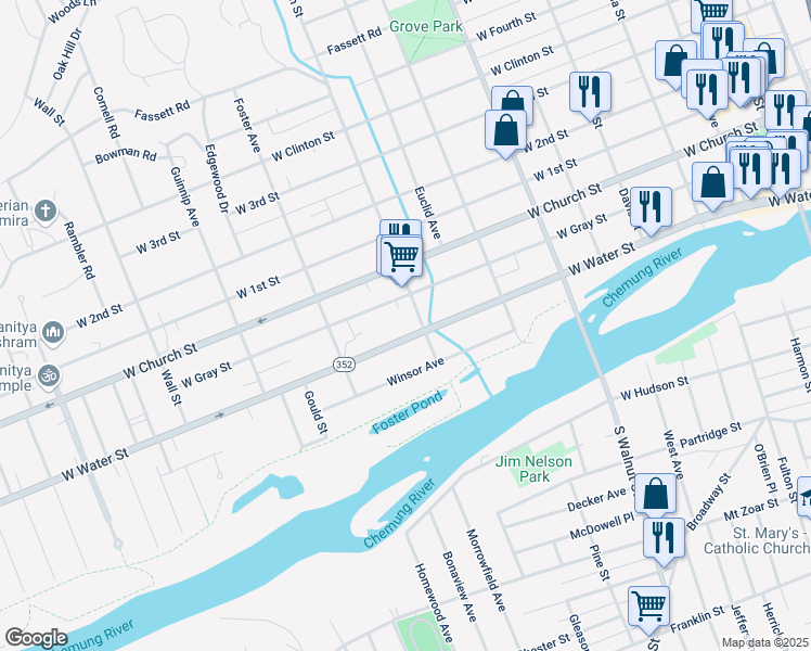 map of restaurants, bars, coffee shops, grocery stores, and more near 103 Hoffman Street in Elmira