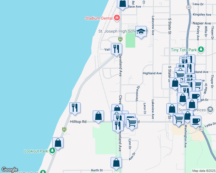 map of restaurants, bars, coffee shops, grocery stores, and more near 220 Ward Avenue in St. Joseph