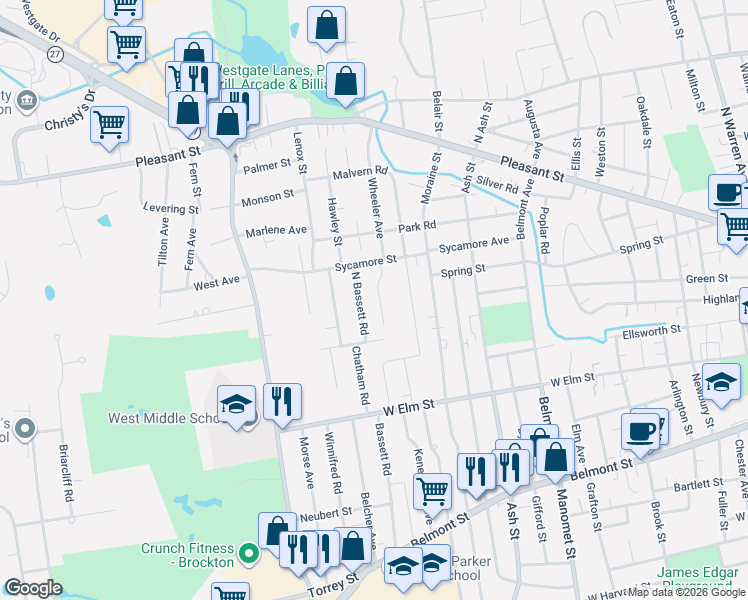 map of restaurants, bars, coffee shops, grocery stores, and more near 39 Sewell Street in Brockton
