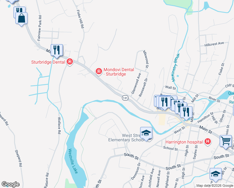map of restaurants, bars, coffee shops, grocery stores, and more near 4 Main Street in Sturbridge