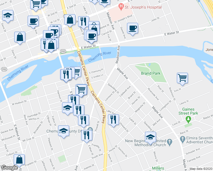 map of restaurants, bars, coffee shops, grocery stores, and more near 211 Pennsylvania Avenue in Elmira