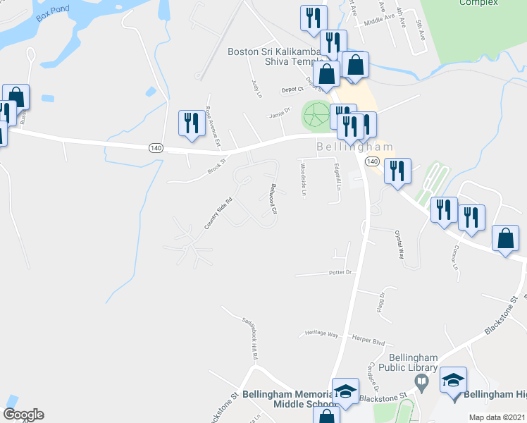 map of restaurants, bars, coffee shops, grocery stores, and more near 58 Bellwood Circle in Bellingham