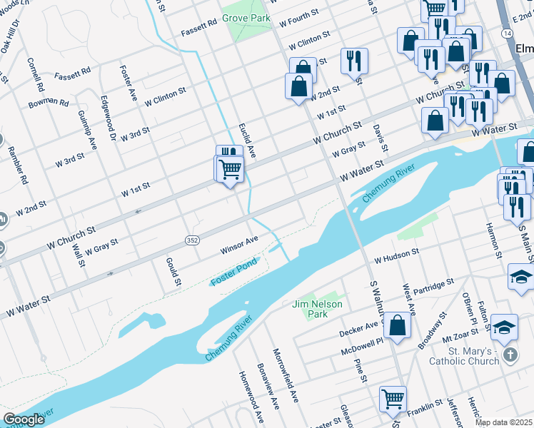 map of restaurants, bars, coffee shops, grocery stores, and more near 630 West Water Street in Elmira
