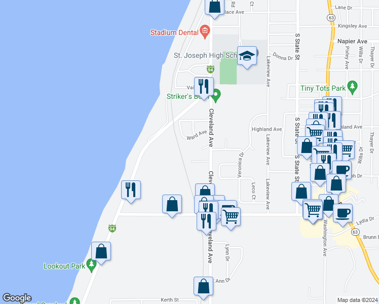 map of restaurants, bars, coffee shops, grocery stores, and more near 2860 Cleveland Avenue in St. Joseph
