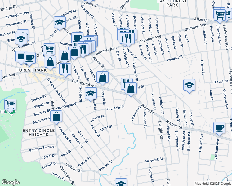map of restaurants, bars, coffee shops, grocery stores, and more near 880 Belmont Avenue in Springfield