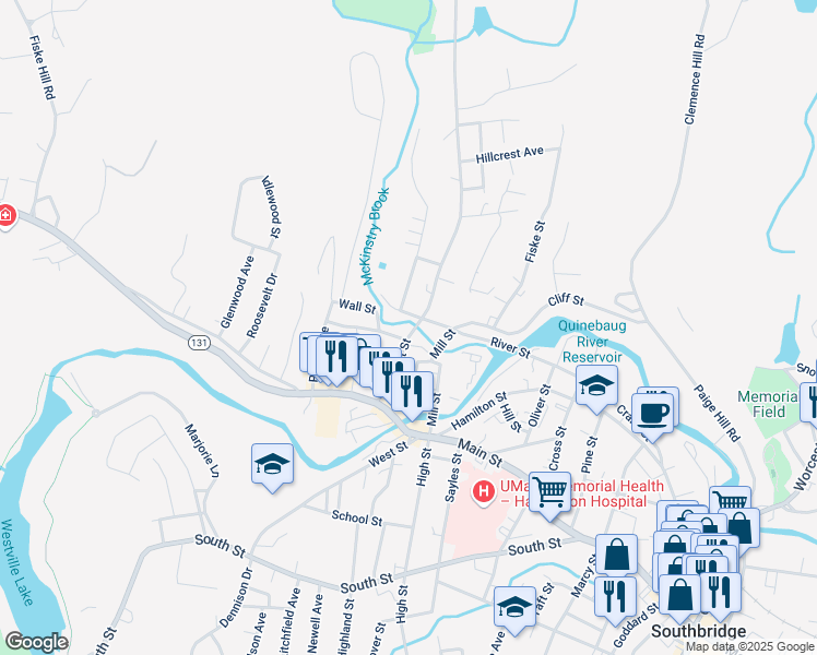 map of restaurants, bars, coffee shops, grocery stores, and more near 81 Pleasant Street in Southbridge