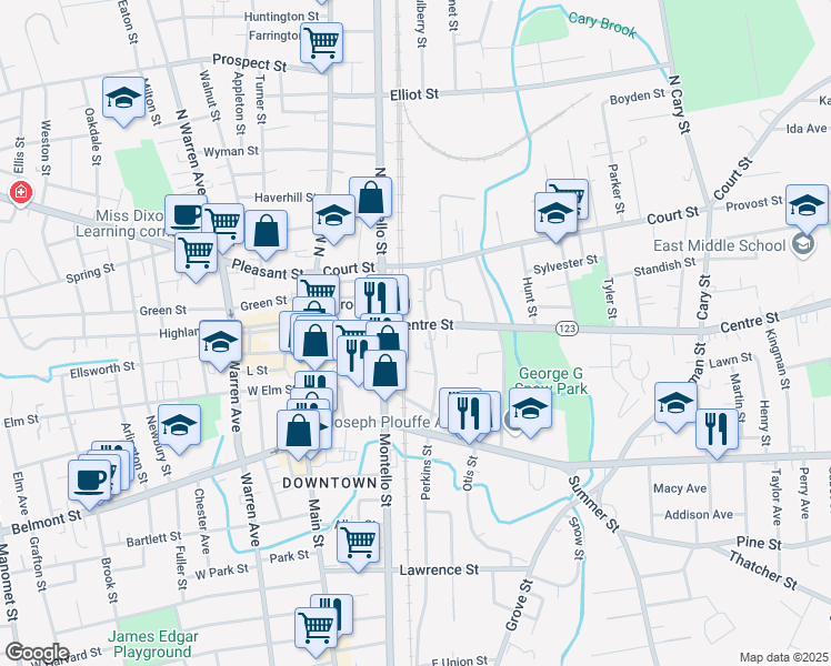 map of restaurants, bars, coffee shops, grocery stores, and more near 127 Centre Street in Brockton