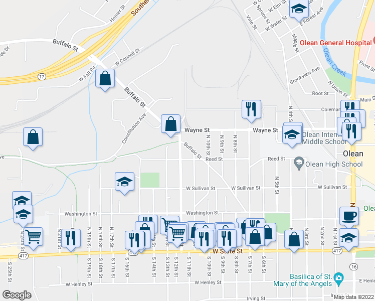map of restaurants, bars, coffee shops, grocery stores, and more near 1205 Buffalo Street in Olean