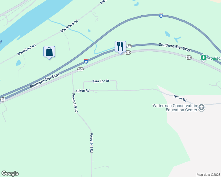 map of restaurants, bars, coffee shops, grocery stores, and more near 1086 Hilton Rd in Apalachin