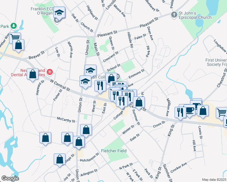 map of restaurants, bars, coffee shops, grocery stores, and more near 58 Main Street in Franklin
