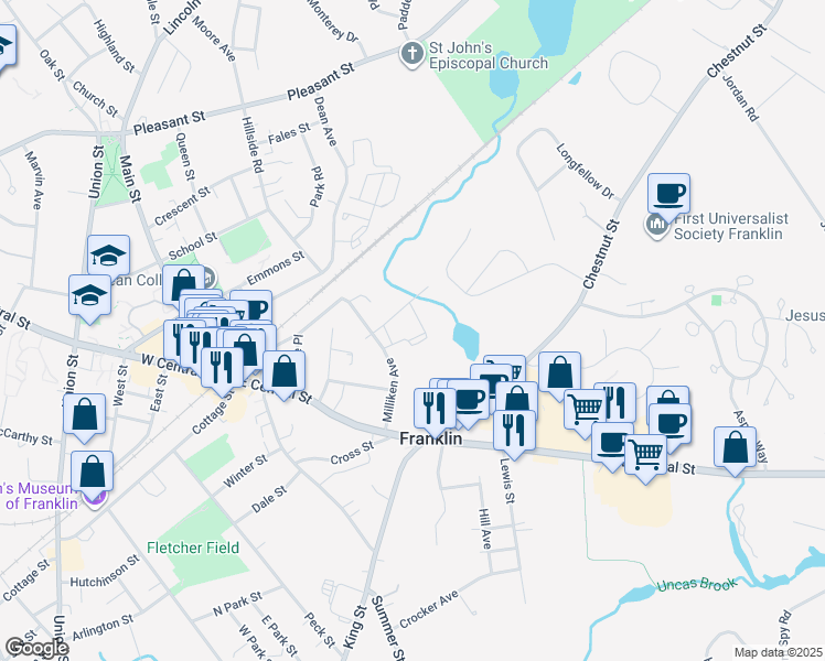 map of restaurants, bars, coffee shops, grocery stores, and more near 67 Milliken Avenue in Franklin