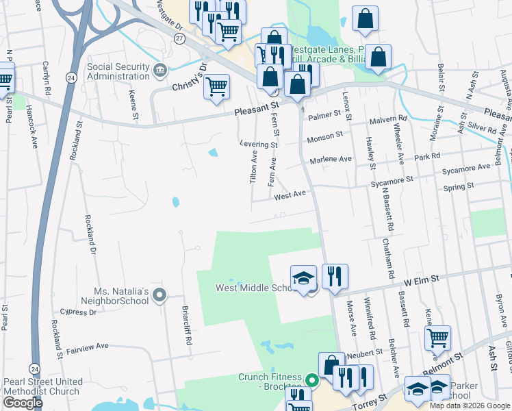 map of restaurants, bars, coffee shops, grocery stores, and more near 78 West Avenue in Brockton