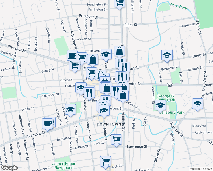 map of restaurants, bars, coffee shops, grocery stores, and more near 90 Main Street in Brockton