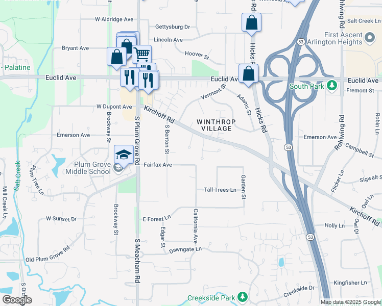 map of restaurants, bars, coffee shops, grocery stores, and more near 2450 Chas Drive in Rolling Meadows