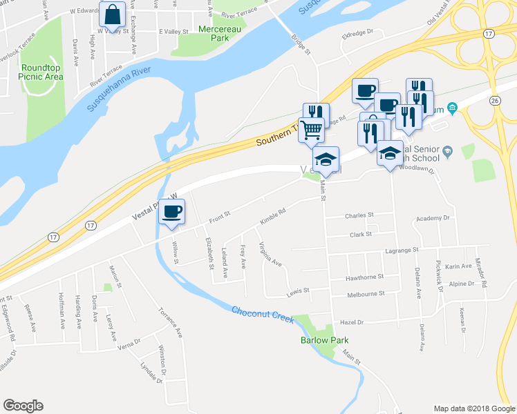 map of restaurants, bars, coffee shops, grocery stores, and more near 225 Front St in Vestal