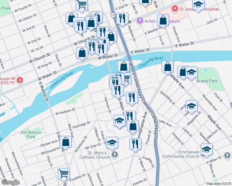 map of restaurants, bars, coffee shops, grocery stores, and more near 112 South Main Street in Elmira