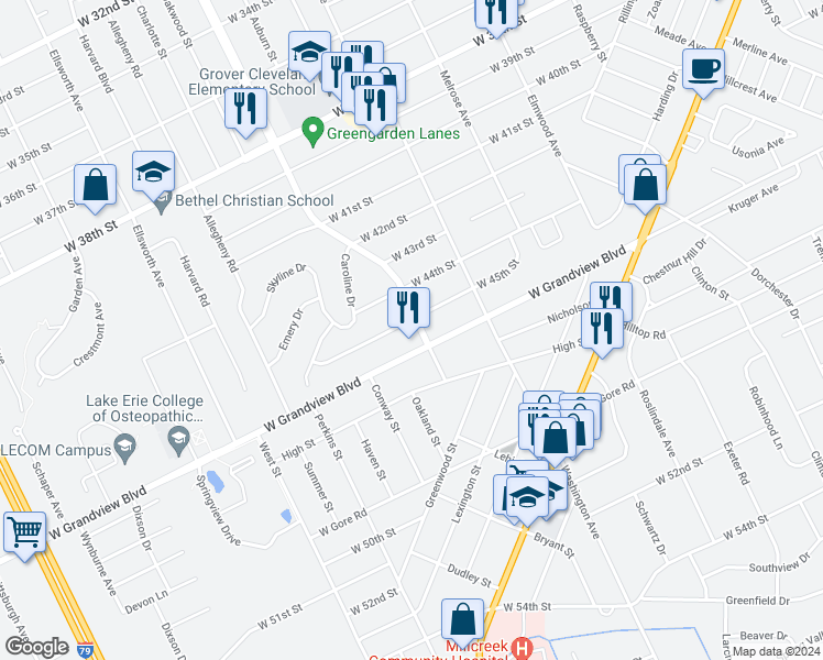 map of restaurants, bars, coffee shops, grocery stores, and more near 4504 Greengarden Boulevard in Erie