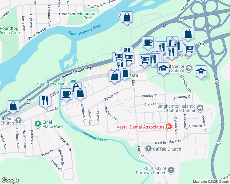 map of restaurants, bars, coffee shops, grocery stores, and more near 144 Kimble Road in Vestal