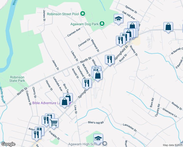 map of restaurants, bars, coffee shops, grocery stores, and more near 478 Springfield Street in Agawam