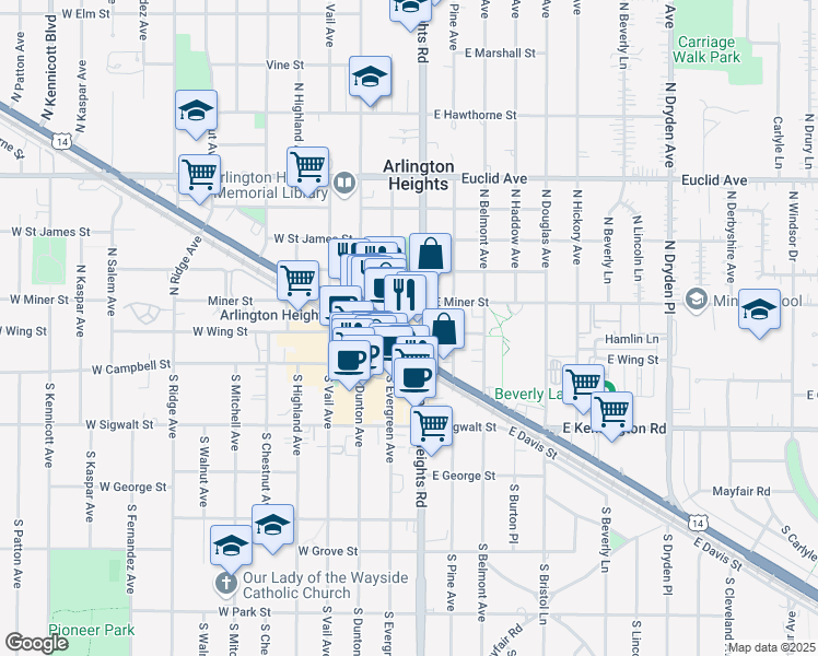 map of restaurants, bars, coffee shops, grocery stores, and more near 142 East Wing Street in Arlington Heights
