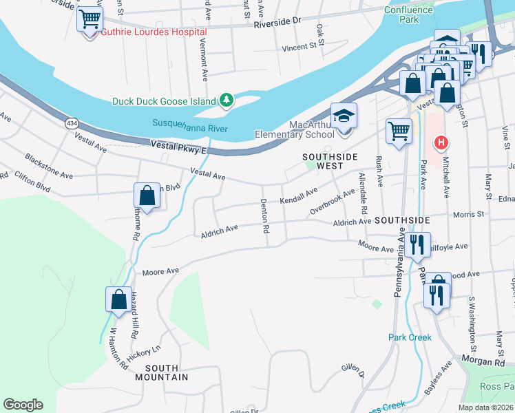 map of restaurants, bars, coffee shops, grocery stores, and more near 8 Denton Rd in Binghamton