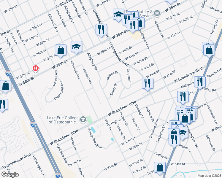 map of restaurants, bars, coffee shops, grocery stores, and more near 1750 Emery Dr in Erie