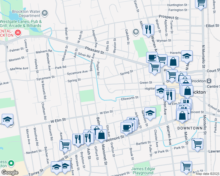 map of restaurants, bars, coffee shops, grocery stores, and more near 187 Highland Street in Brockton